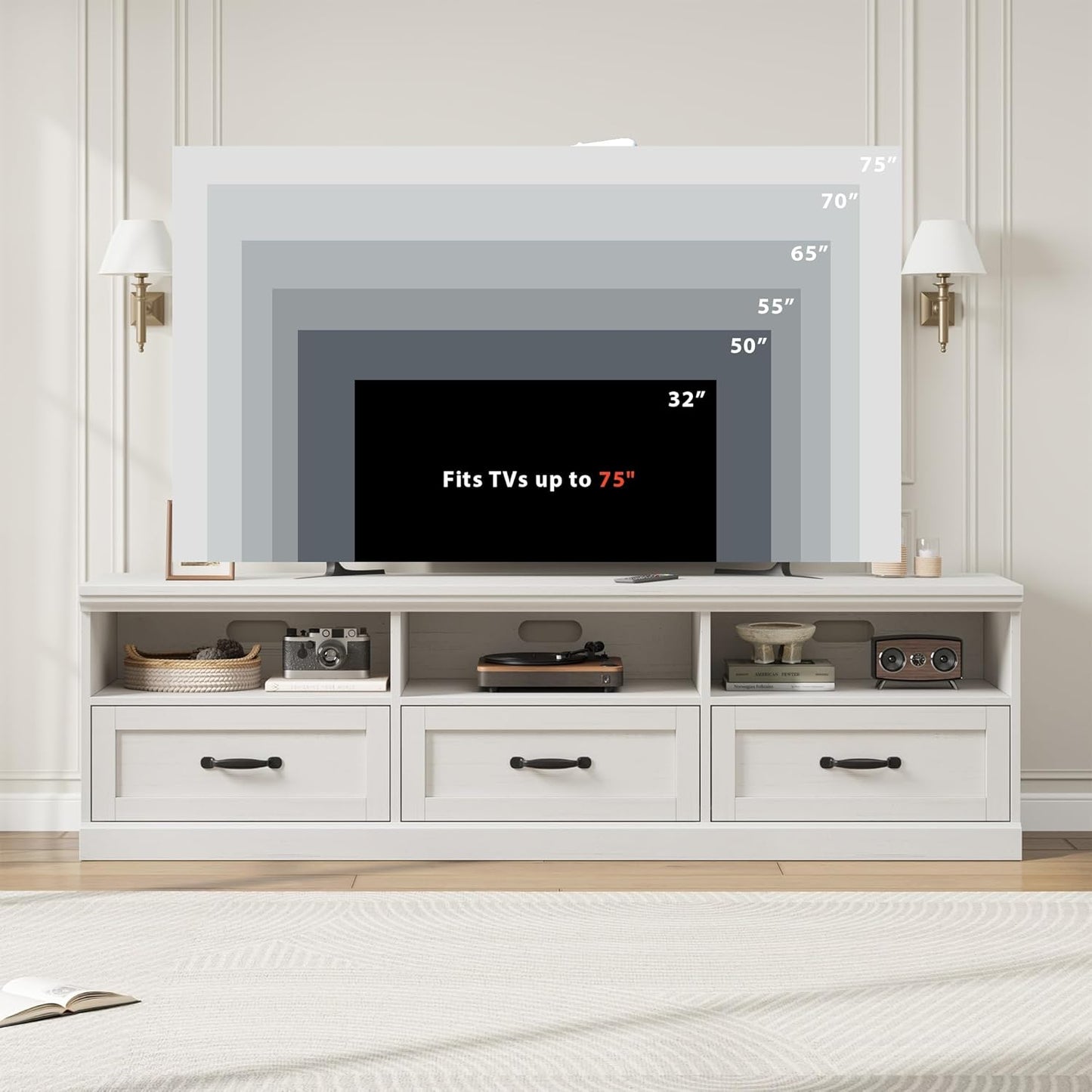 GarveeHome TV Stand for 65/70/75 Inch TV, Entertainment Center with Storage Drawer, Mid-Century Modern TV Console with Open Shelves, 70in Media TV Cabinet for Living Room, Bedroom, Antique White
