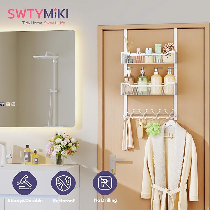 SWTYMIKI Over The Door Hook with 16 Hooks & 2 Mesh Baskets - Heavy Duty Over The Door Organizer Hanger for Towels, Coats, Clothes - Space Saving Hanging Rack for Bathroom, Living Room, White