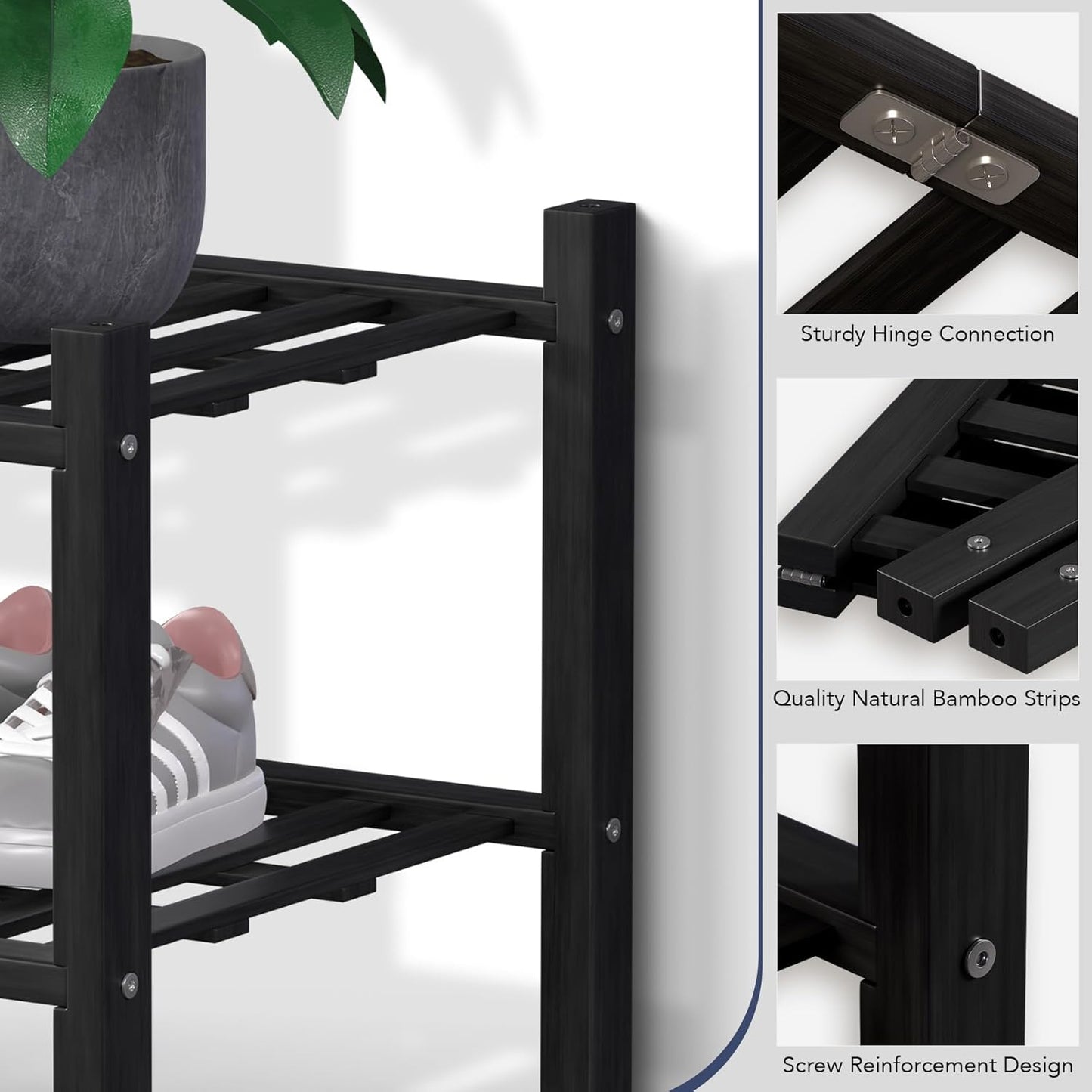 Haddockway Long 3 Tier Bamboo Shoe Rack Storage Organizer, Multifunctional Free Standing Stackable Shoe Shelf with Grid Panel for Closet,Hallway,Entryway,Small Space 34.2"x11"x20"(Black, 3-Tier(Long))