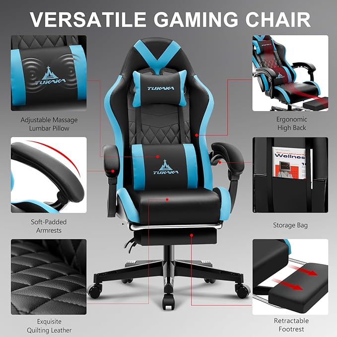 Gaming Chair,Ergonomic Massage Computer Office Desk Chair with Footrest,Pocket Spring Cushion,Reclining Leather Adjustable Gamer Chair with Headrest and Lumbar Support,Blue