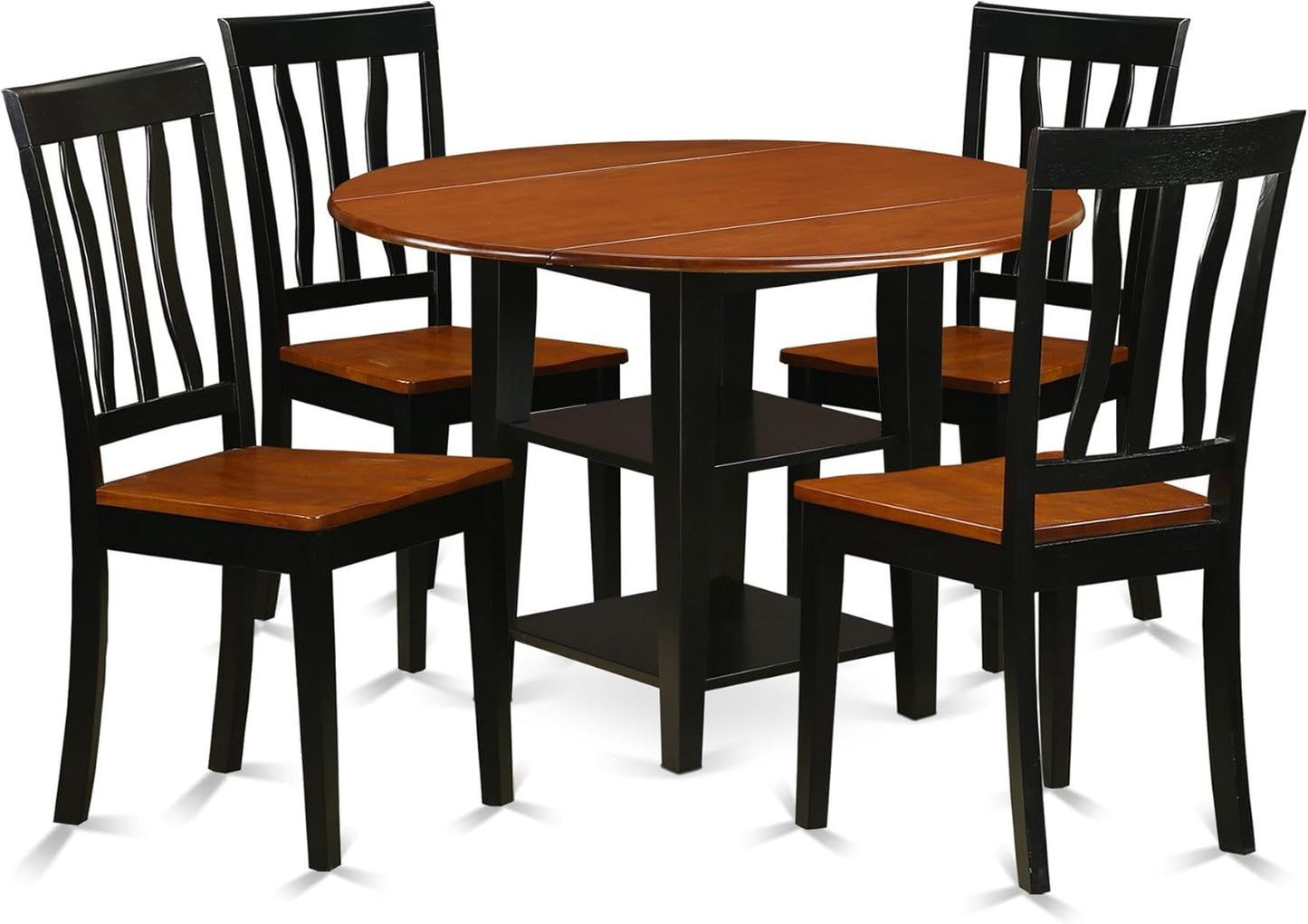 East West Furniture SUAN5-BCH-W 5 Piece Dining Set Includes a Round Dining Room Table with Dropleaf & Shelves and 4 Wood Seat Chairs, 42x42 Inch, Black & Cherry