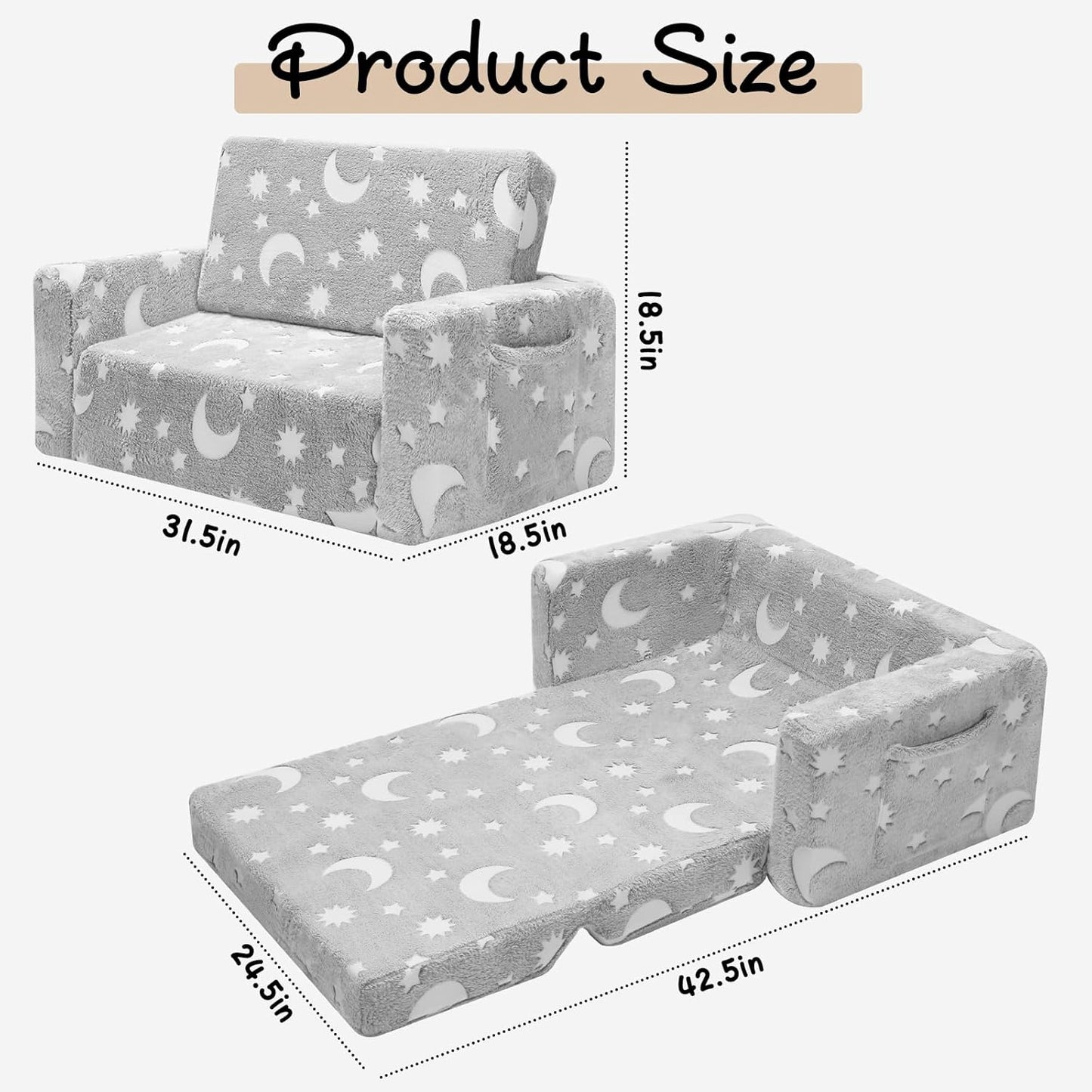 SLIGUY Kids Chair, Toddler Couch, Fold Out Sofa Chair, Toddlers Convertible Sofa to Lounger Pull Out Couch, Glow in The Dark Sofa Chair for Boys and Girls Large (Grey)