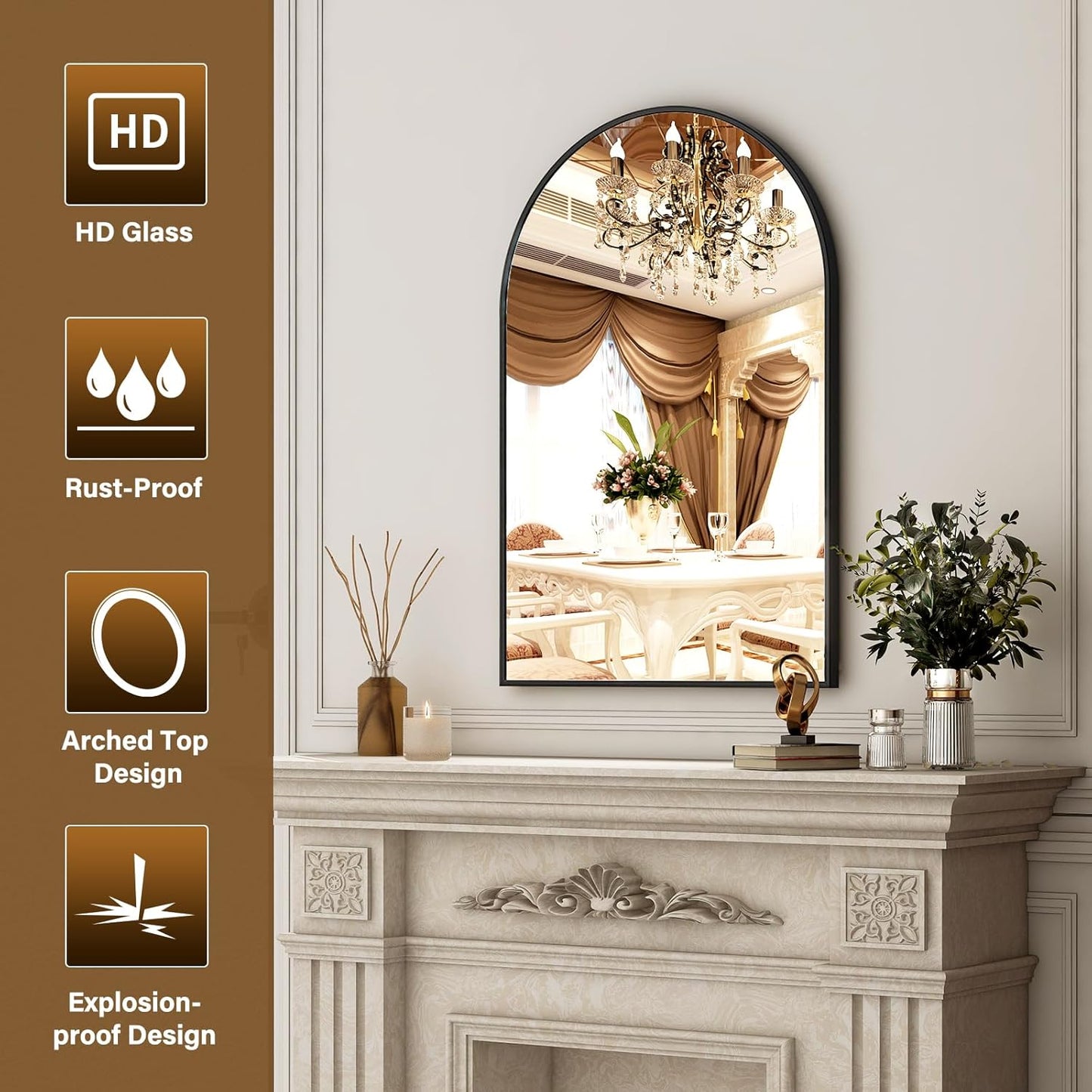 26"x38" Arched Wall Mirror for Bathroom, Black Vanity Mirror for Bedroom, Living Room, Entryway, Decorative Hanging Mirror for Wall