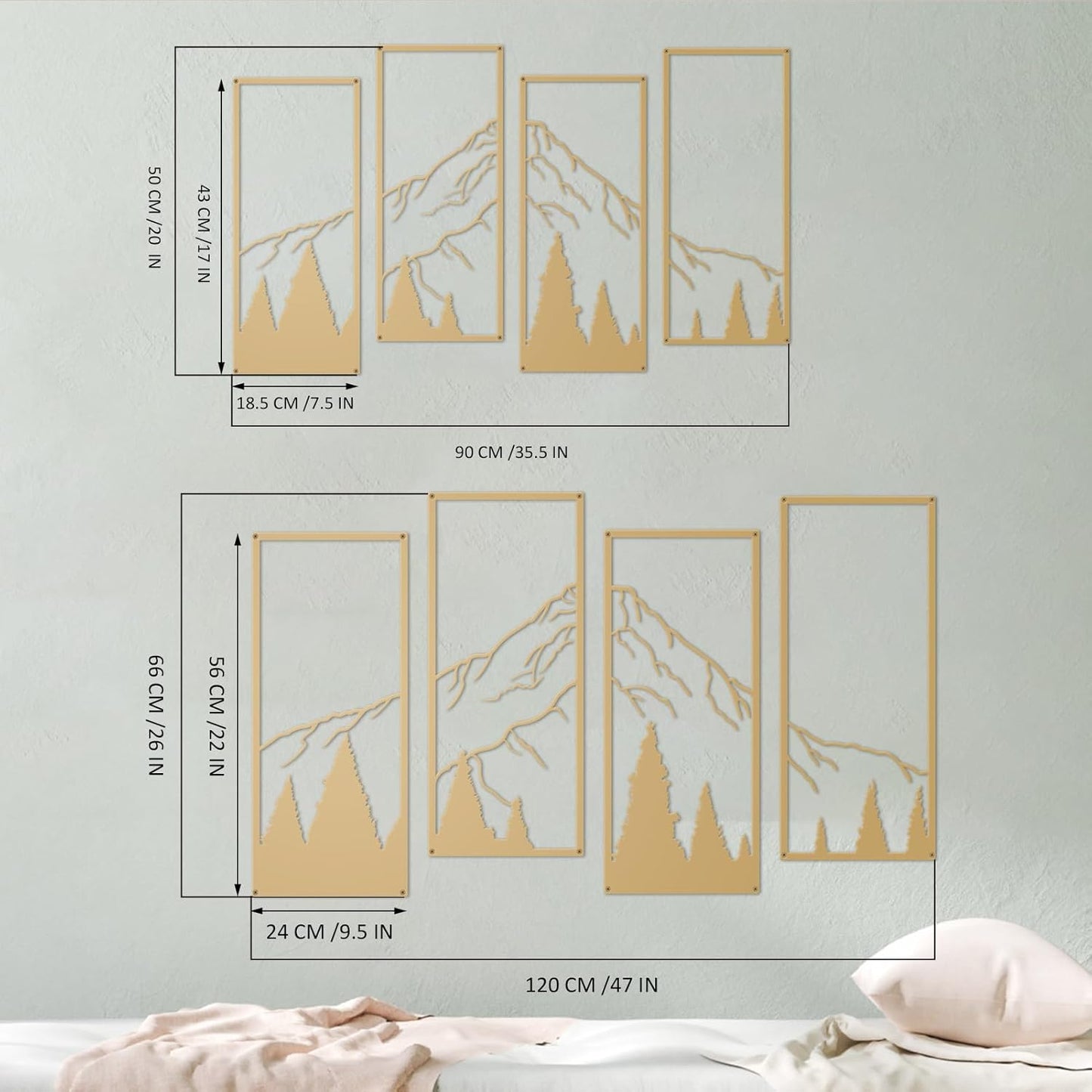 ruelen 4 Pcs Metal Mountain and Forest Wall Decorations Line Drawing Wall Art Minimalist Wall Decor Rustic Nature Home Wall Art Sculpture for Home Bedroom Bathroom Office Living Room (Gold, Large)