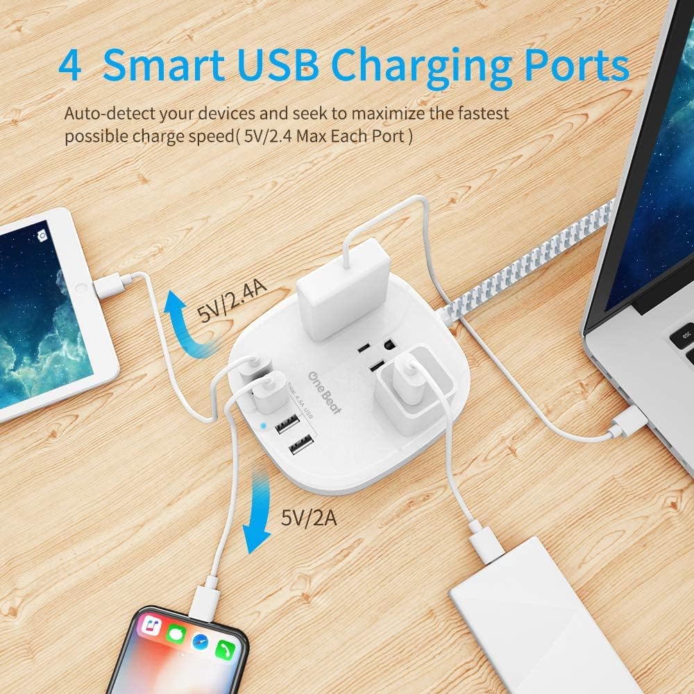 One Beat Desktop Power Strip with 3 Outlet 4 USB Ports 4.5A, Flat Plug and 5 ft Long Braided Extension Cords for Cruise Ship Travel Home Office, ETL Listed