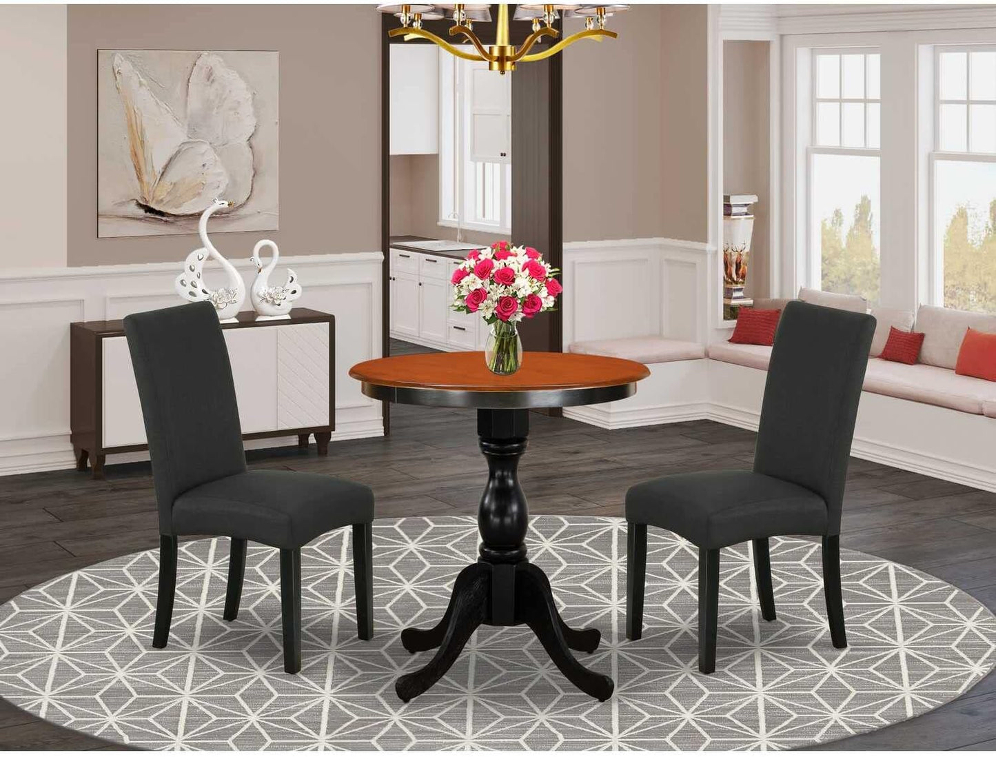 East West Furniture ESDA3-BCH-C 3 Piece Dinette Set for Small Spaces Contains a Round Dining Table with Pedestal and 2 Linen Fabric Upholstered Dining Chairs, 30x30 Inch, Black & Cherry