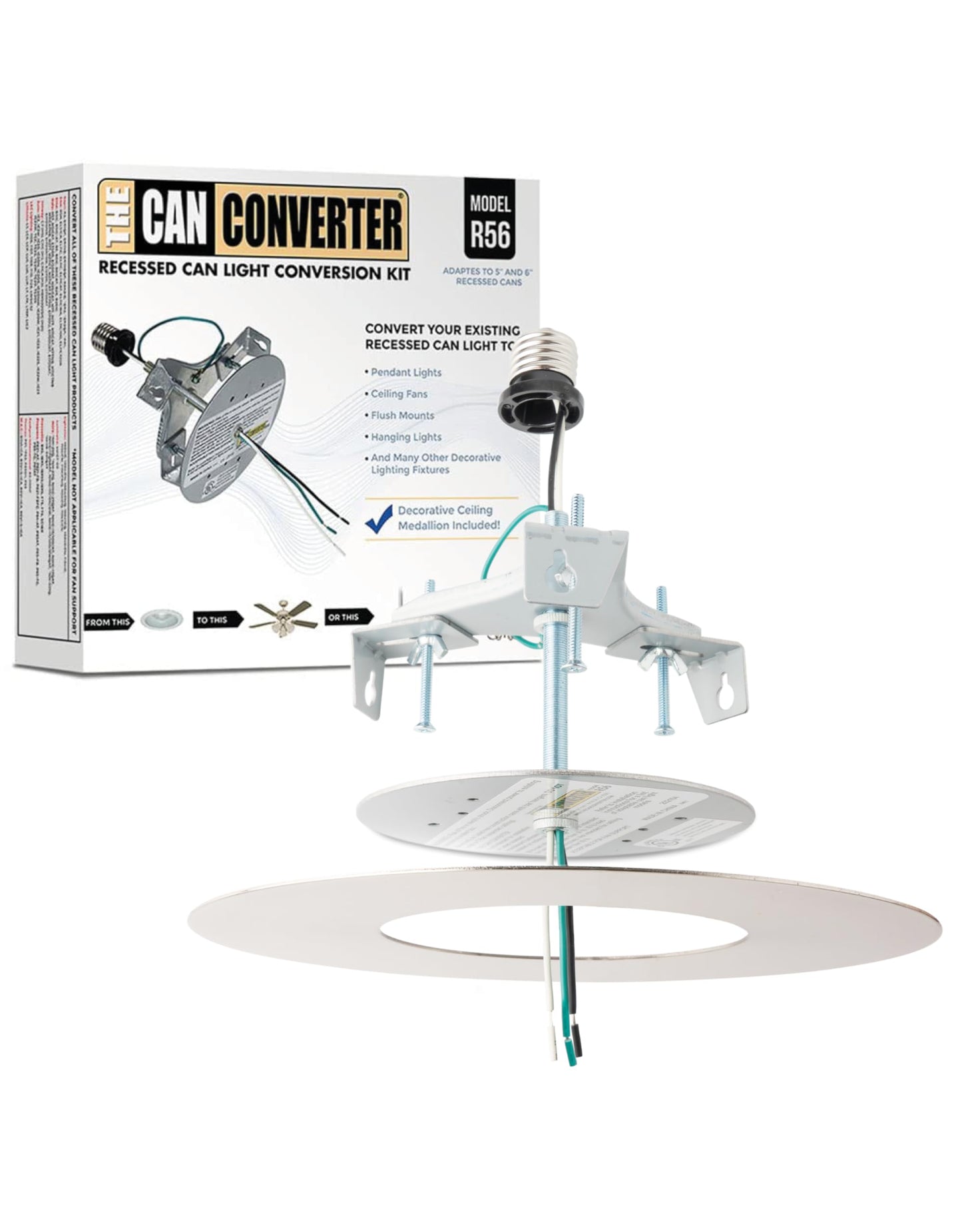 The Can Converter R56 Recessed Can Light Conversion Kit W/ 7 Flat Ceiling Medallion - Home Improvement For 5 & 6 Cans, Converter