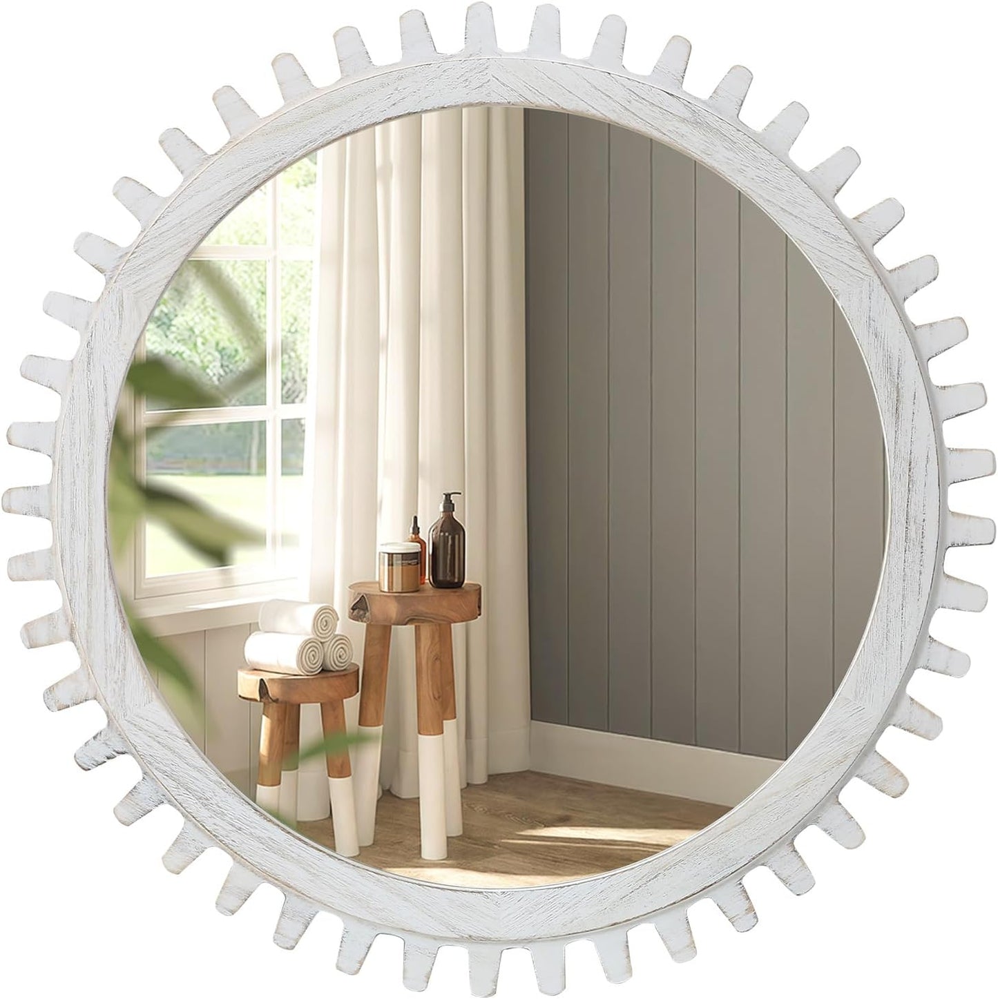 ULIKE Round Wood Mirror, 24 Inch Rustic Farmhouse Circle Mirror with Wooden Frame, Mordern Wall Decor for Bathroom Nursery Bedroom Living Room Entryway, White