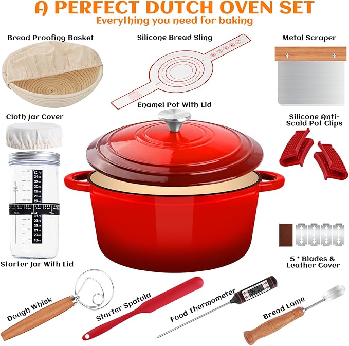 Enameled Cast Iron Dutch Oven Pot with Lid, Incl. Sourdough Bread Baking Supplies Like Banneton Bread Proofing Basket, Starter Jar, Bread Lame, 5QT Dutch Oven for Bread Baking, Oven Safe up to 500°F