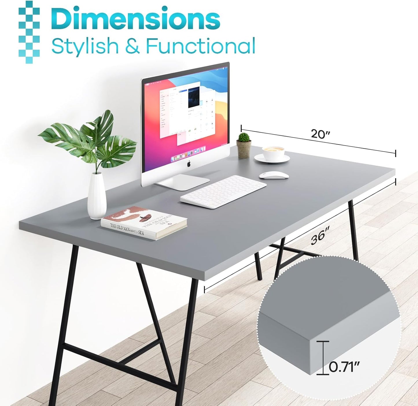 Kaboon 36x20 inch Table Top Universal, Solid One-Piece Desktop, Reversible Melamine Countertop, Double Desks, L-Desk DIY, Gray