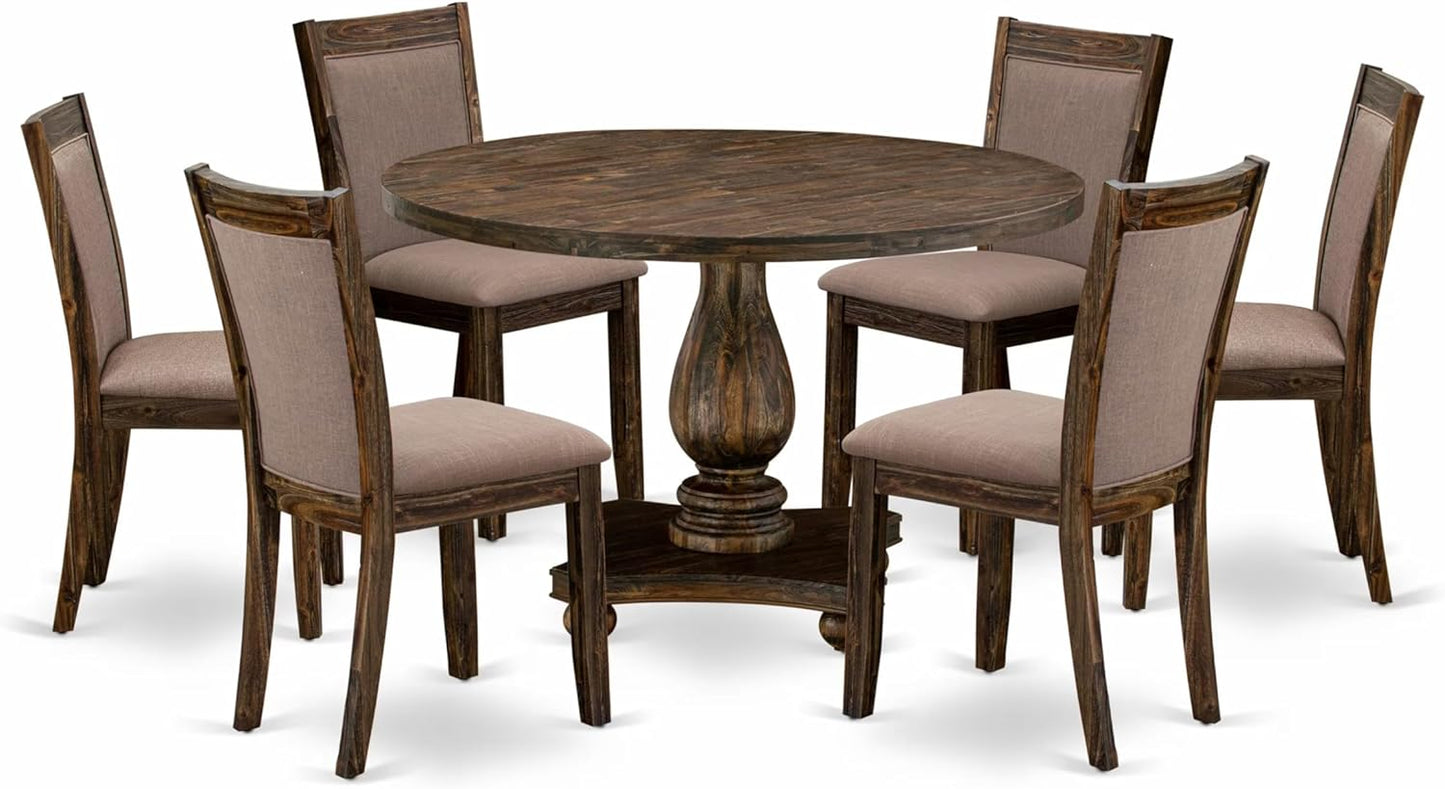 East West Furniture I2MZ7-748 7 Piece Modern Dining Table Set Consist of a Round Wooden Table with Pedestal and 6 Coffee Linen Fabric Upholstered Chairs, 48x48 Inch, Distressed Jacobean