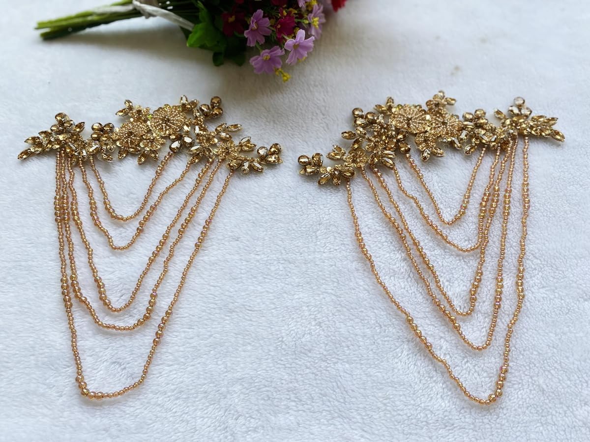 1 Pair Beaded Rhinestones Applique Embellishment for Clothes Epaulettes Shoulder Patches Sew-on Diamond Sequin Tassels Applique for Wedding Dress DIY Accessories 9.8X10.2inches (Champagne)