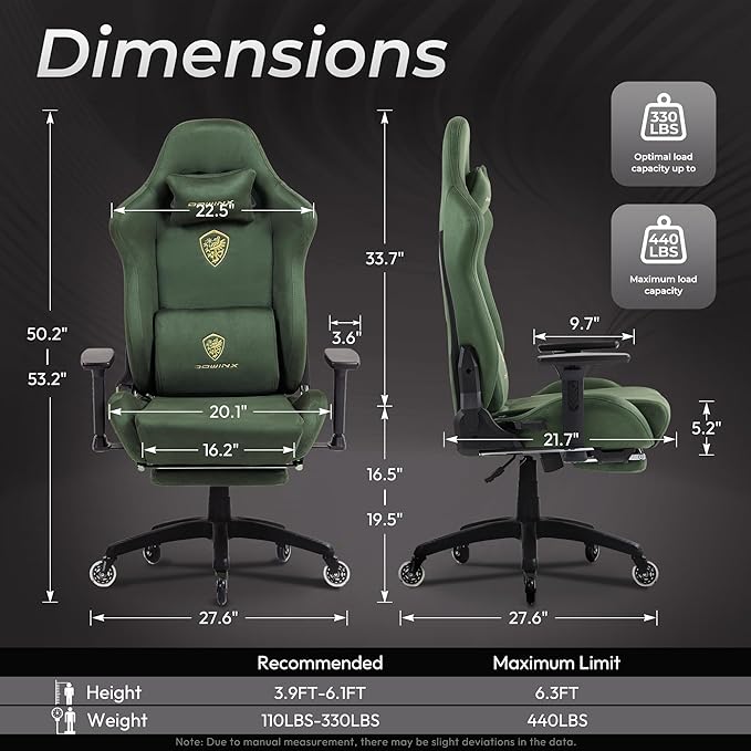 Dowinx Big and Tall Gaming Chair with Suede Fabric Breathable, Game Chairs for Adults with Oversized Thick Seat for 440lbs, Ergonomic Gamer Chair for Streaming & Long Gaming Sessions, Green