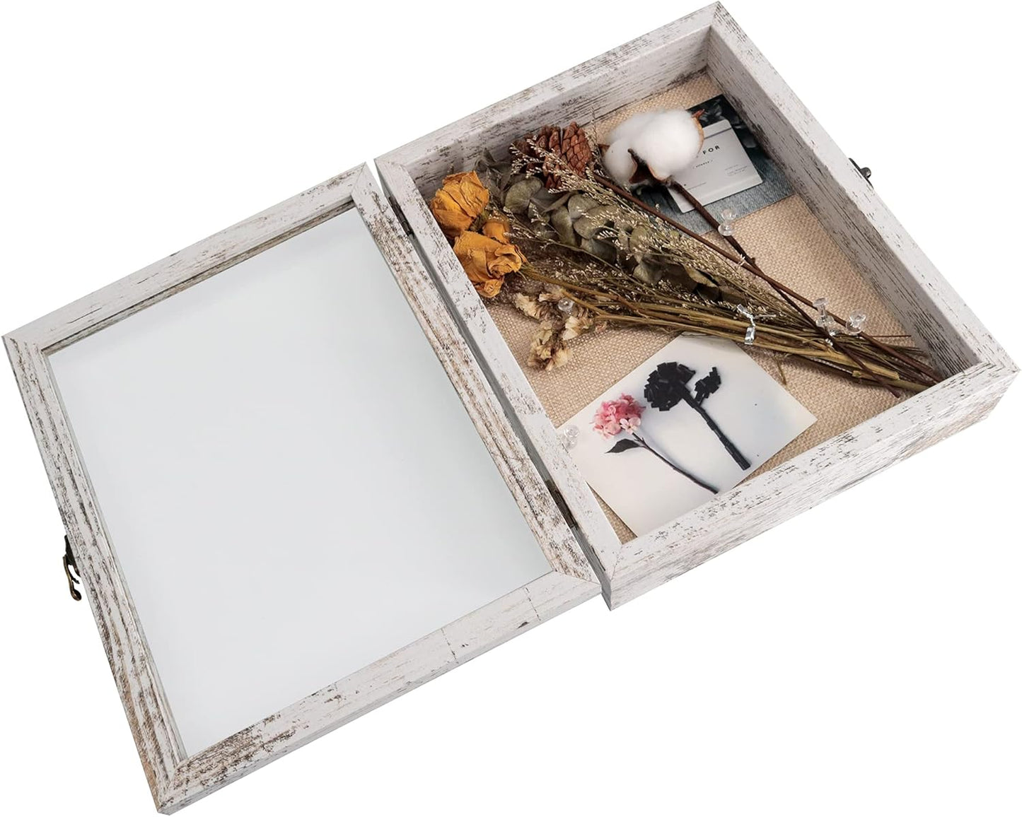 GraduatePro Shadow Box Frame 8x10 Display Case with Linen Back, Real Glass Window Door with Hinge, Picture Frame Wedding Bouquet Memorabilia Medals Photos Memory Box for Keepsakes, Rustic White