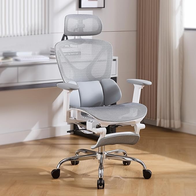 High Back Mesh Office Chair with Footrest, Ergonomic Office Chair w/ 3D Lumbar Support，Comfy Home Office Desk Chair for Work & Computer Gaming, 400 LBS (Gray)