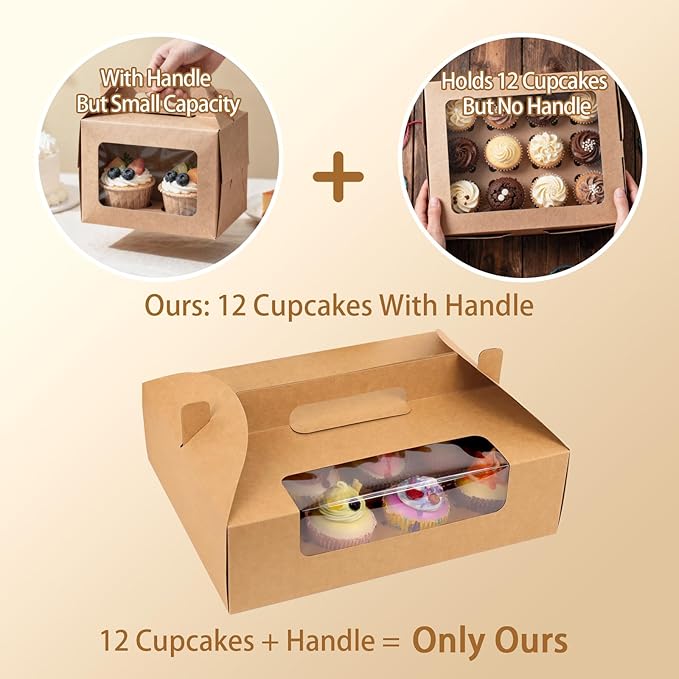 FORBFAN Cupcake Boxes 12 Count with Handle, 30 Pcs Kraft Portable Muffin Boxes, Gable Party Favor Treat Boxes for Wedding Birthday Party