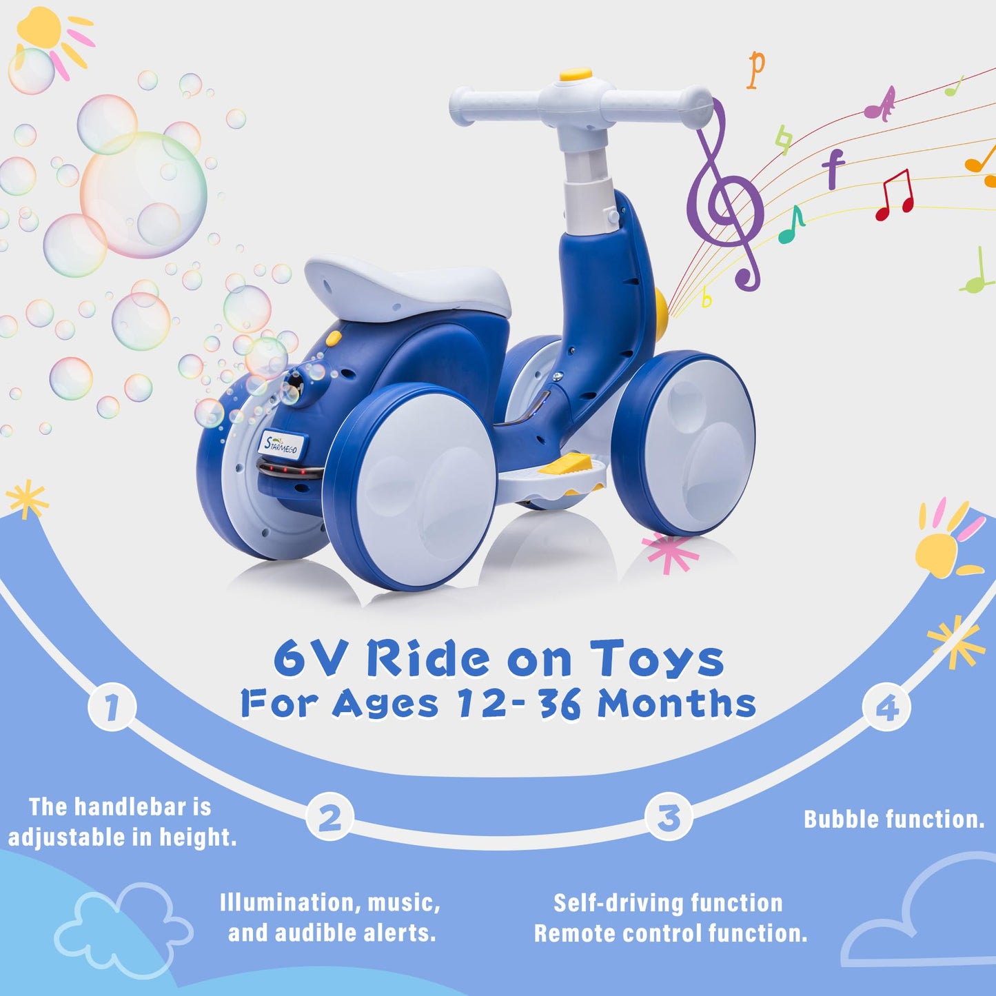 JoyRydz 6V Electric Baby Balance Bike with Bubble Machine,4 in 1 Toddler Balance Bike w/Remote Control for 1 Year Old Boys Girls Kids Bubble Bike Ride on Toys w/Powered Motor,Music,LED Lights (Blue)