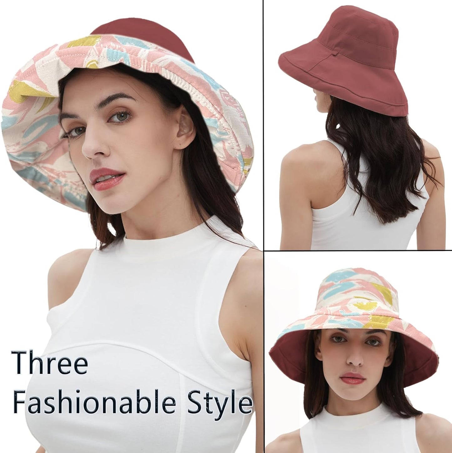 vidsel Womens Sun Hats Wide Brim Reversible Bucket Cotton Hat Packable Summer Travel Cap with Hat Clip,UV Protection