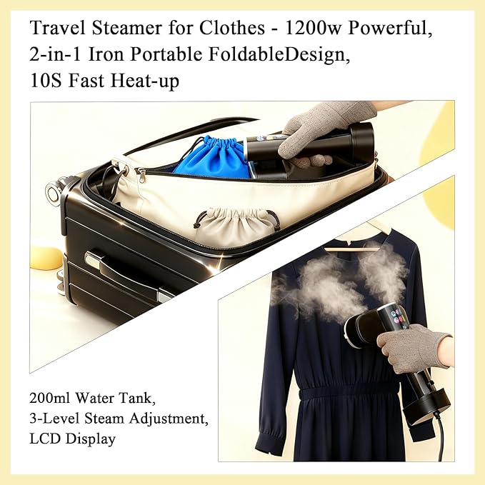 Travel Steamer for Clothes, Lcd Display, 1300W Powerful Garment Steamer, Clothes Steamer Handheld, Portable 2-in-1 Travel Iron for Clothes, 200ml Water Tank, 10S Fast Heat-up, for Travel and Home
