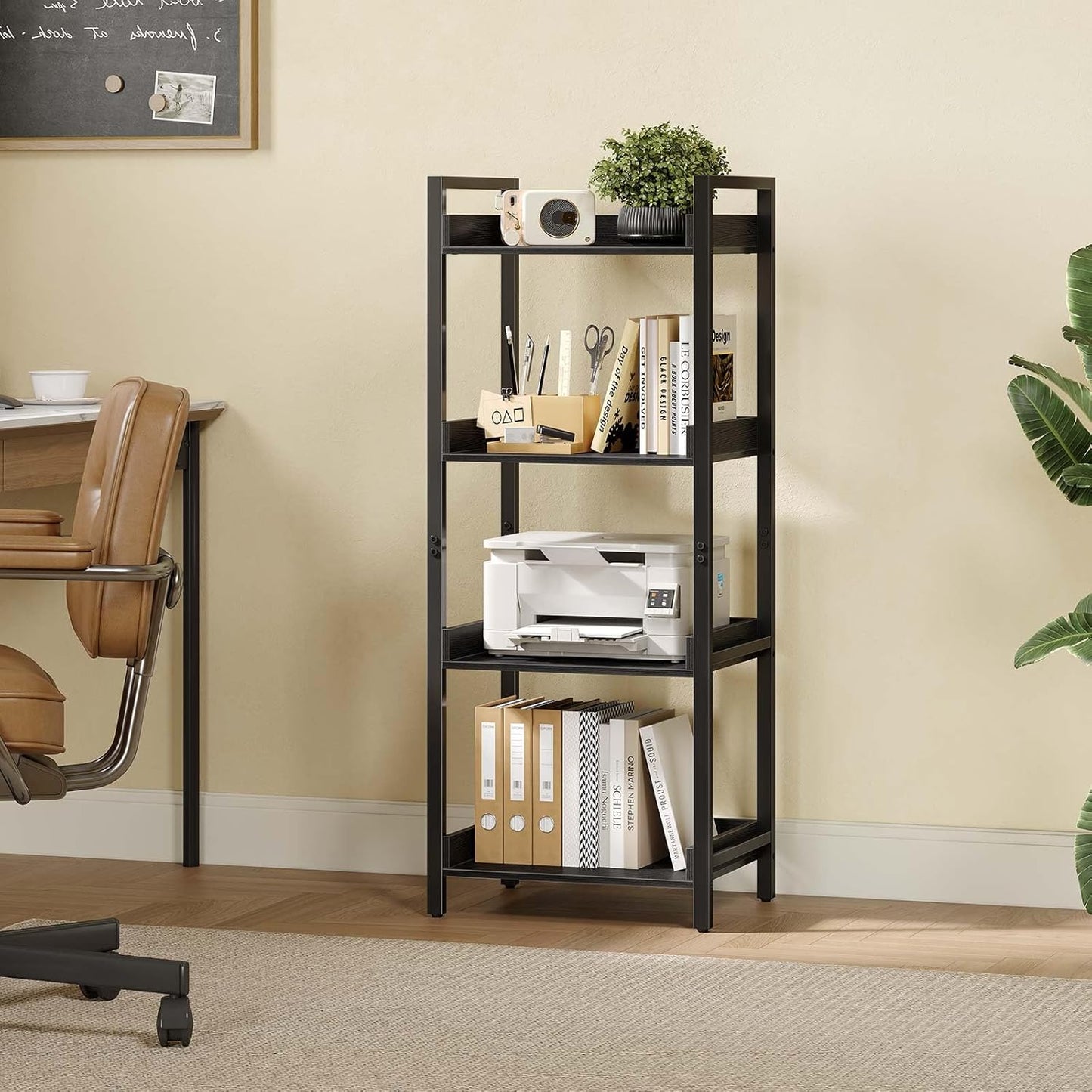 Rolanstar Bookshelf, 4-Tier Storage Rack, Narrow Corner Bookshelf, Display Wooden Shelves for Living Room, Bathroom, Balcony, Kitchen,Black