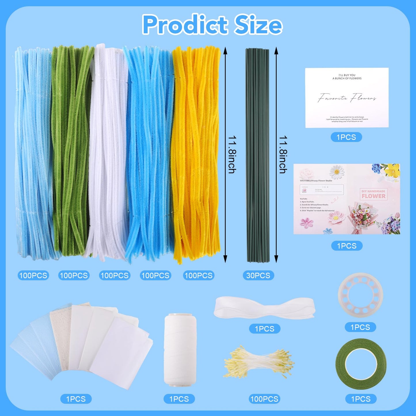 WSICSE 500Pcs Blue Pipe Cleaner Flower Kit, Pipe Cleaners Bulk Chenille Stems with Floral Wires, Gardening Tape,Stamen& Ribbon, Wrapping Paper (5 Colors)