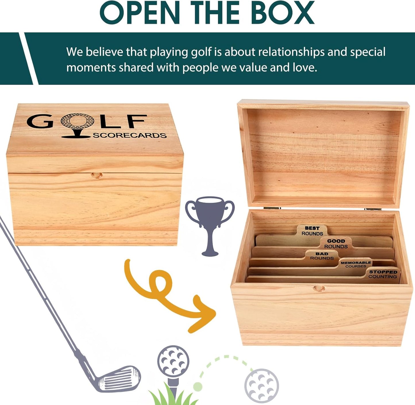 Golf Scorecard Collection Box, Golf Storage Box With 5 Wooden Dividers, Scorecard Keeper For Keepsakes Cards Club Storage Score Book Pencil Log, Unique Golf Gift