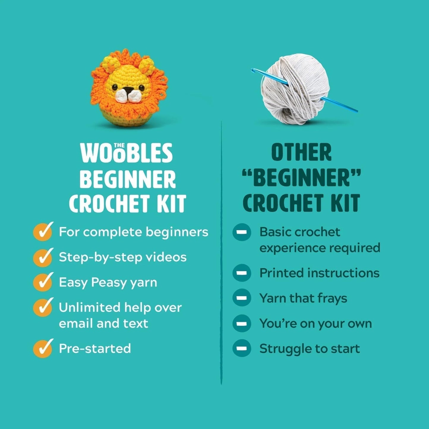 The Woobles Crochet Kit for Beginners - Easy Arts and Crafts Knitting & Crochet Animals Kit As Seen On Shark Tank - Sebastian The Lion