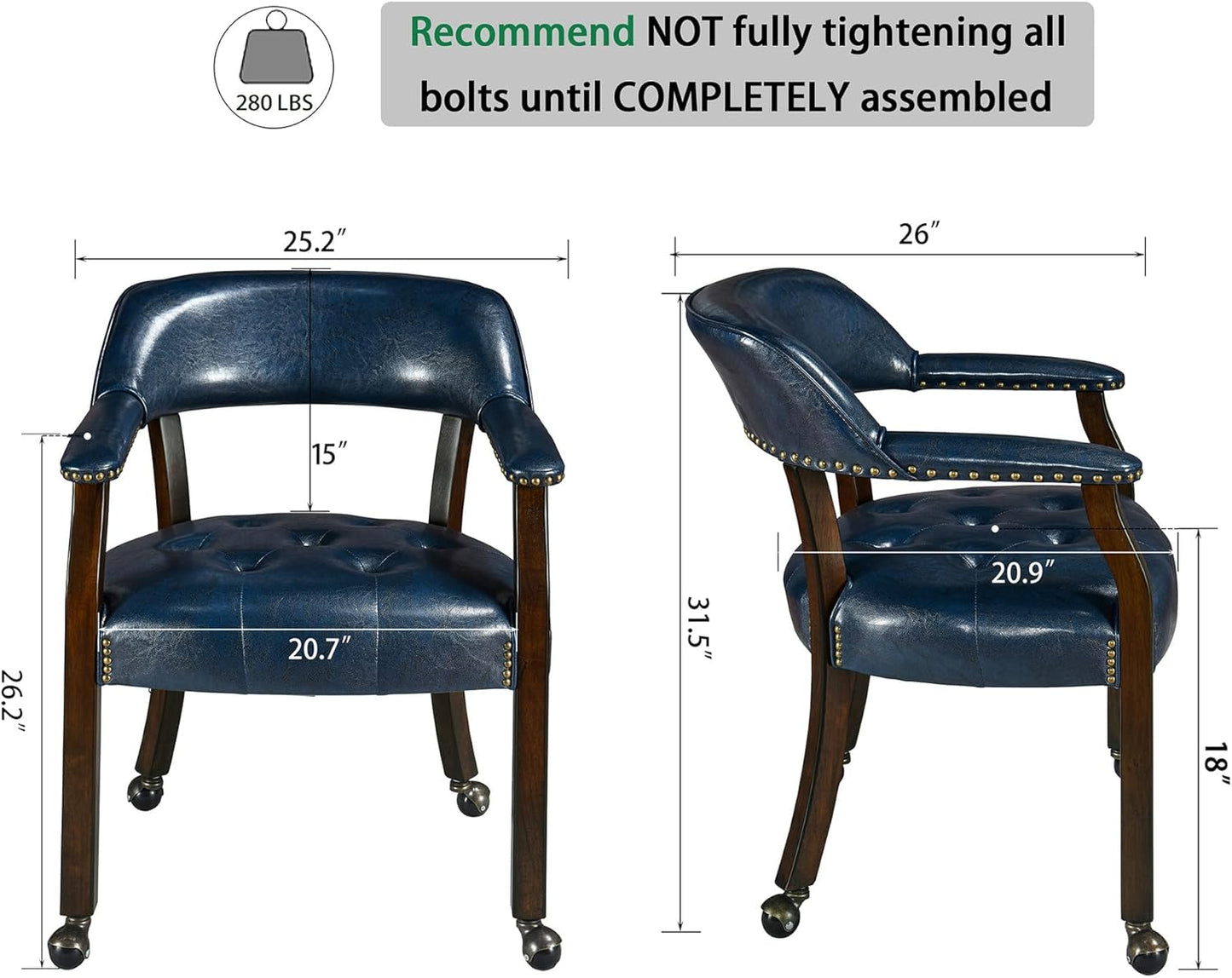 LEEMTORIG Large Dining Chairs with Casters and Arms, Rolling Dining Chairs with Wheels, Solid Wood Boss Caption's Chairs Office Desk Chairs, 26" D x 25.2" W, Espresso Legs & Dark Blue PU SY-318-LB