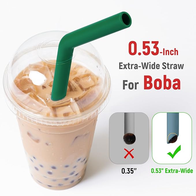 NiHome 6-Pack Extra Wide Reusable Bent Silicone Straws for Boba, Smoothies, Bubble Tea, Bent Christmas Color Straws Eco-Friendly & Colorful for Thick Drinks, Child-Safe, Customizable Length, 2 Brushes