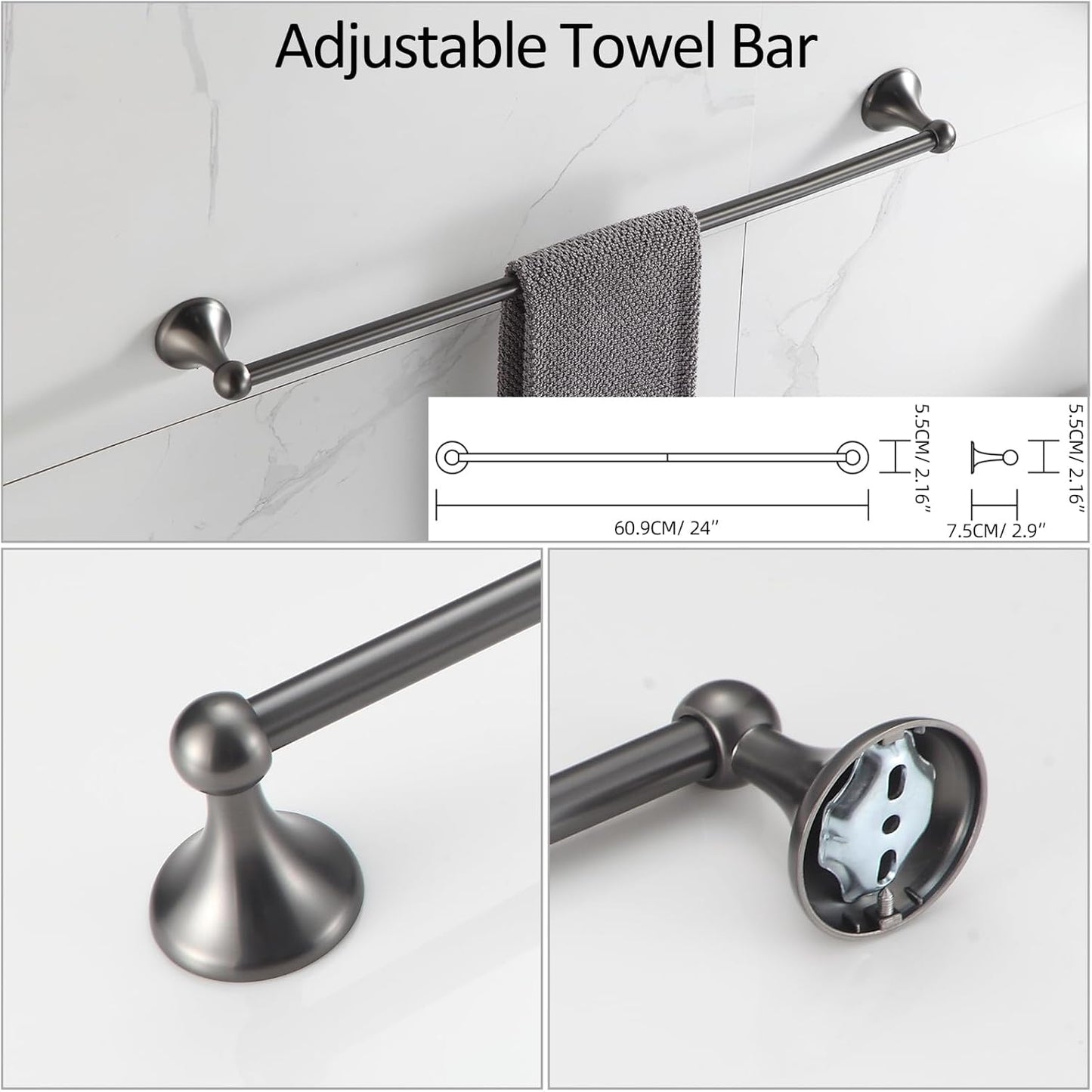 BGL Bathroom Hardware Set Grey Electroplating 4-Piece Bathroom Accessories Set Wall Mounted Adjustable Towel Bar Robe Hook Toilet Paper Holder Towel Ring Glossy Grey