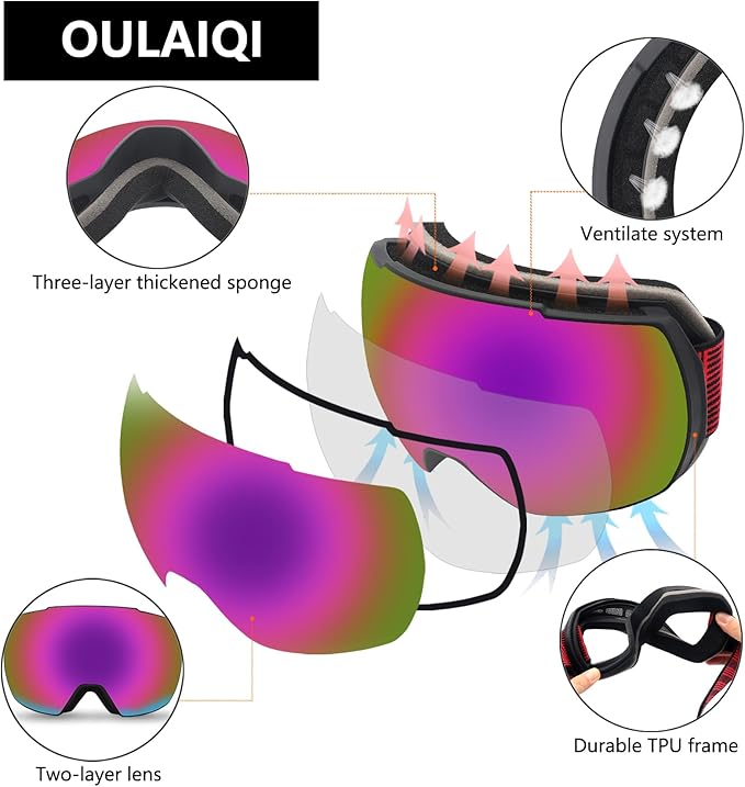 OULAIQI OTG Ski Goggles UV400 Anti-Fog Snowboard Glasses for Men Women Youth- Perfect for Skiing, Snowboarding,Winter Sports