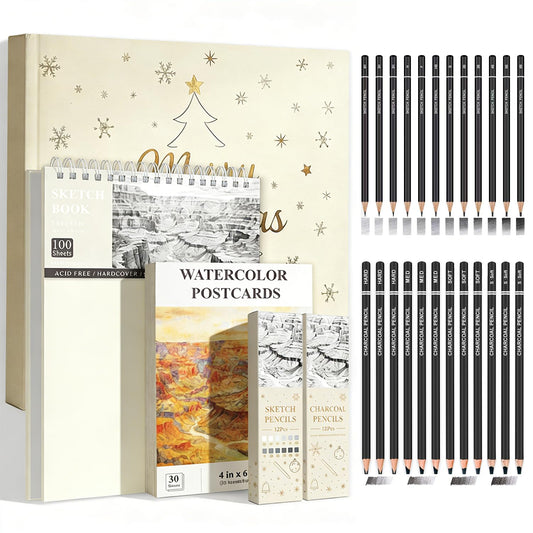 SuFly Sketch Pad and Pencil Set for Kids Ages 8-12 | Complete Sketch Set with 9x12 Sketchpad, Watercolor Postcards & Pencils (Graphite and Charcoal), Sketch Pads for Drawing for Adults & Art Supplies.