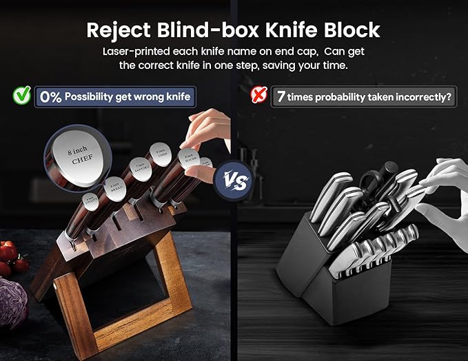 Knife Set 7 Piece Japanese Style Kitchen Knife Set With Foldable Magnetic Acacia Wood Block Sharp High Carbon Stainless Steel Knives Set for Kitchen with Anti-slip Handle, Christmas Gift