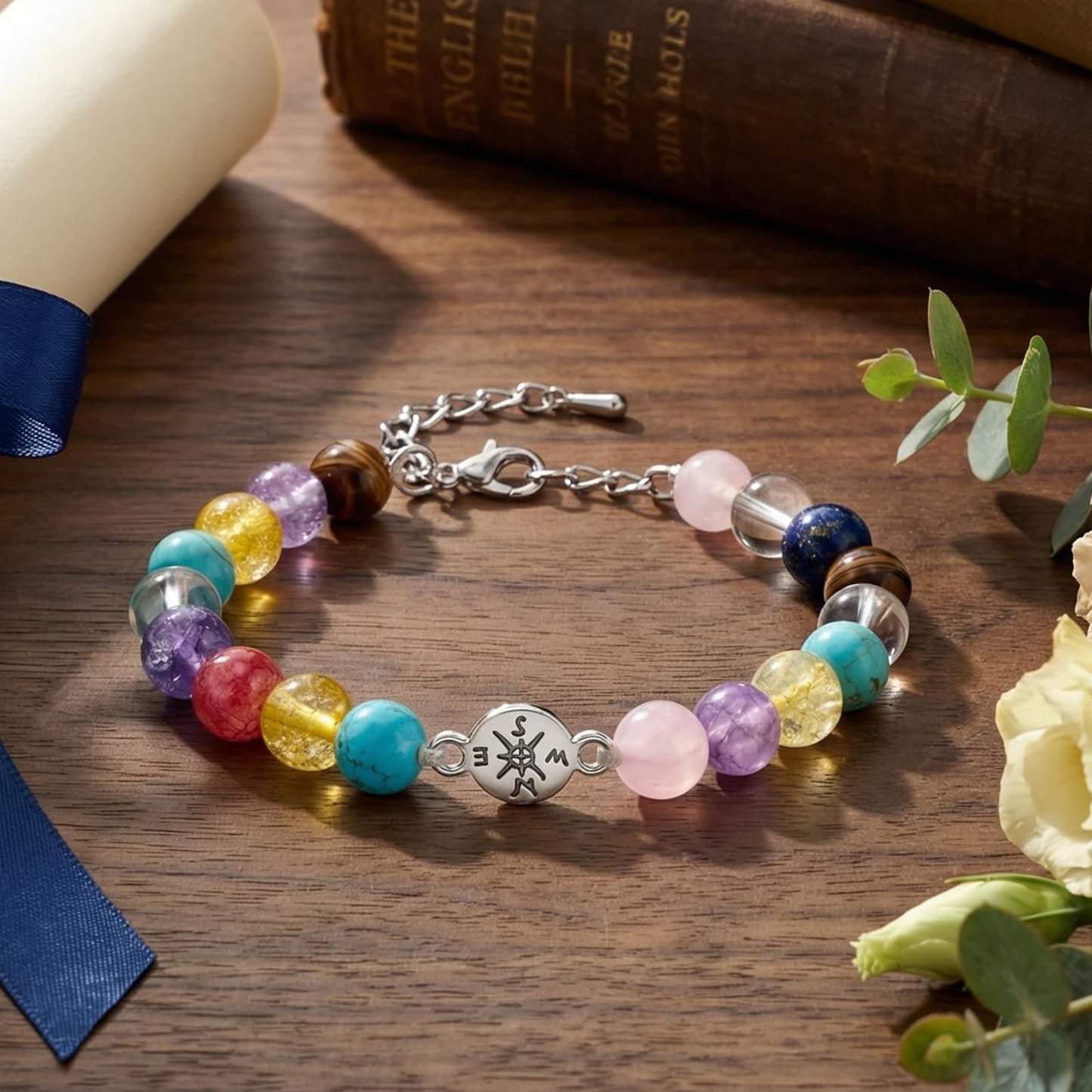 Graduation Bracelet Set 2026 for Him & Her, Natural stone Beaded Bracelet with 7 Chakra Stones or Matte Style, Compass Keychain, Card & Gift Box for High School College Grad (Vibrant Chakra)