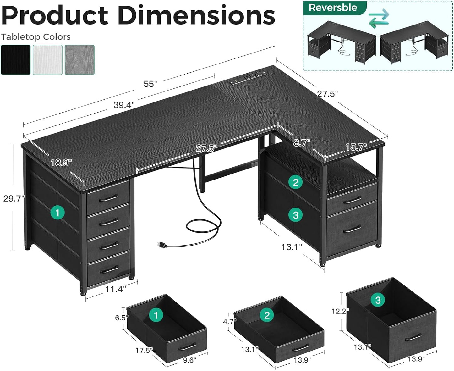 Coleshome L Shaped Computer Desk with 6 Drawers & Power Outlet, 55 Inch Corner Desk with Reversible Storage Shelf & File Drawer, Home Office Desk, Black