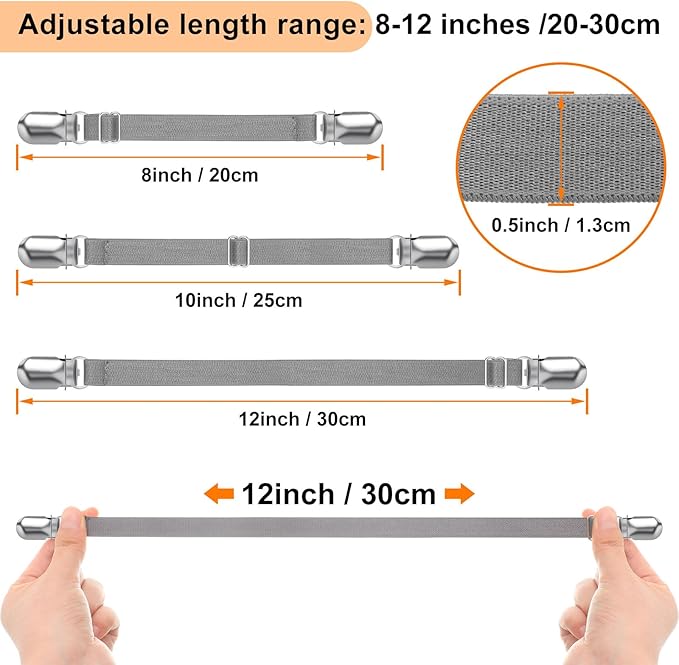 Boao 12 Pcs Bed Sheet Clips Straps Sheet Corner Straps Holder Adjustable Mattress Clips, Elastic Bed Grippers Suspender Fasteners Holder for Home (Grey,8-12 Inch Length)
