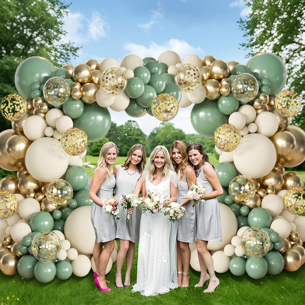 MEBAY Sage Green Balloon Arch Kit, 155Pcs Sage Green White Sand Metallic Gold Garland with Gold Confetti Balloons for Graduation Baby Shower Wedding Jungle Birthday Party Decorations