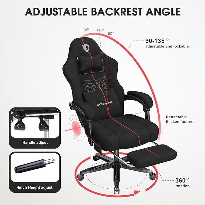 Gaming Chair, Fabric Computer Office Chair with Massage, Ergonomic Chair with Footrest Lumbar Support, Pocket Spring Widened Cushion Metal Legs 350LBS Black