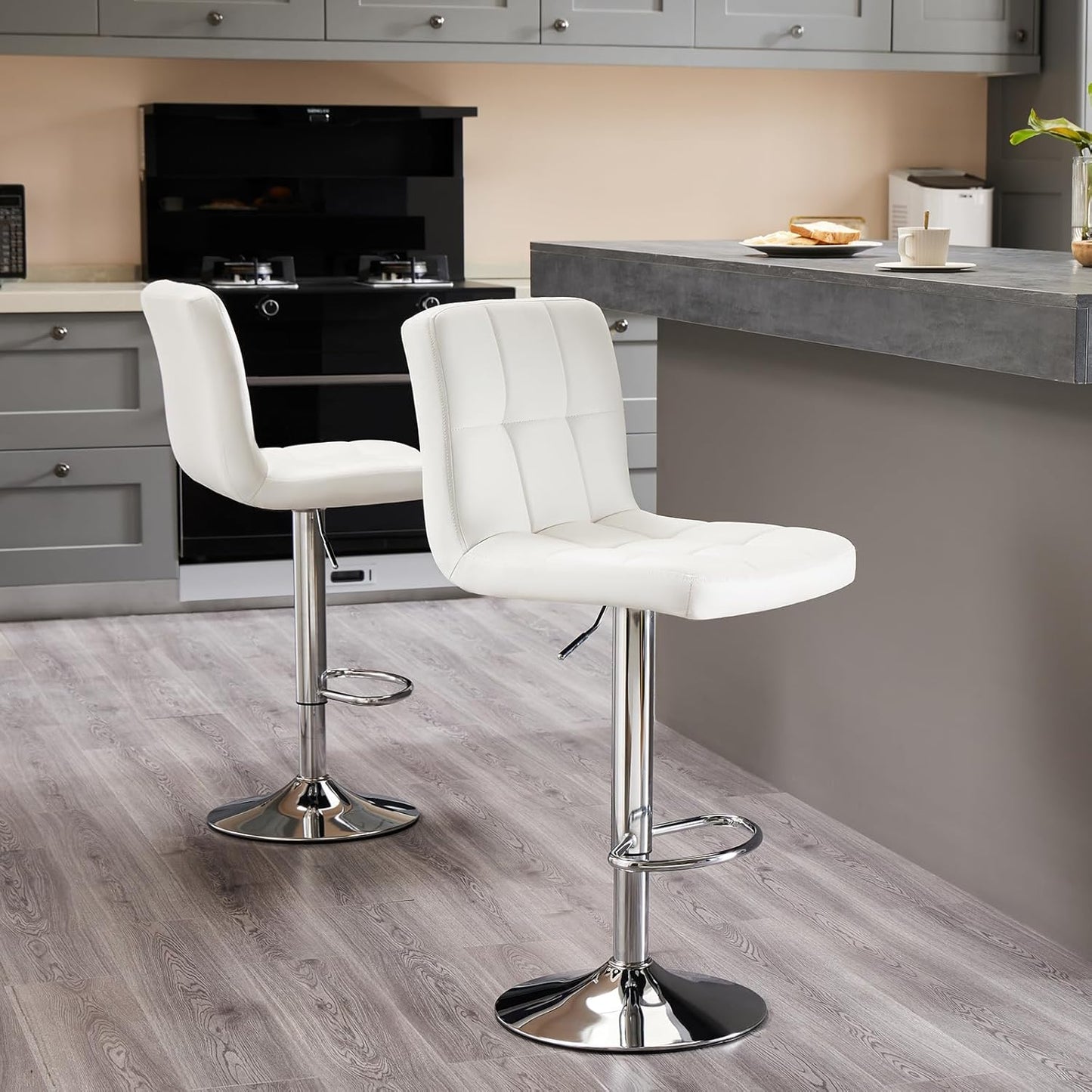 Sweetcrispy Bar Stools Set of 2, Armless PU Leather Adjustable Swivel Barstools, Hydraulic Kitchen Counter Height Thickened Seat Cushion Square Island Countertop Chairs with Back - Modern White