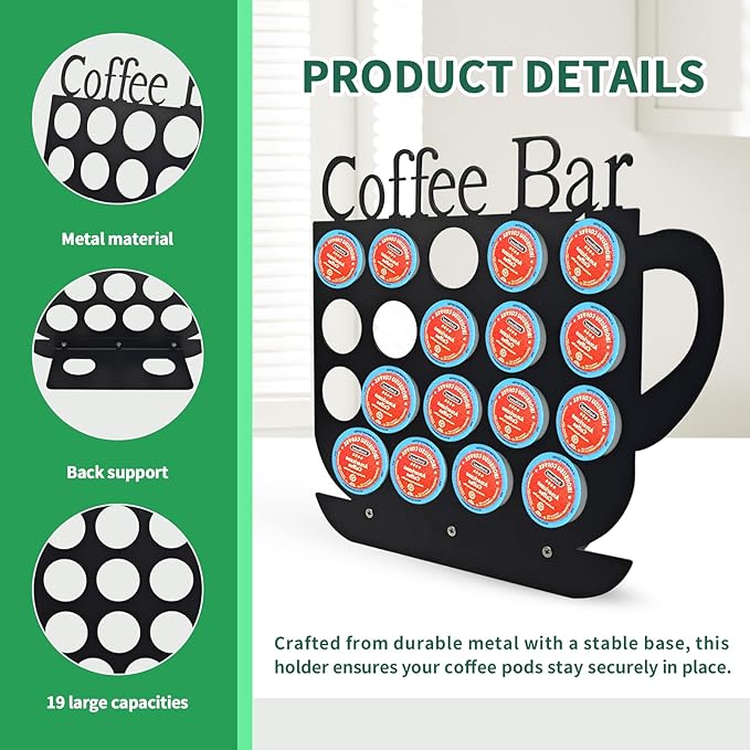 KingLive K Cups Holder Coffee Pod Holder Display, Coffee Bar Design Metal Stand, 19 Pods, Kitchen or Office Home Counter Organizer (Black)