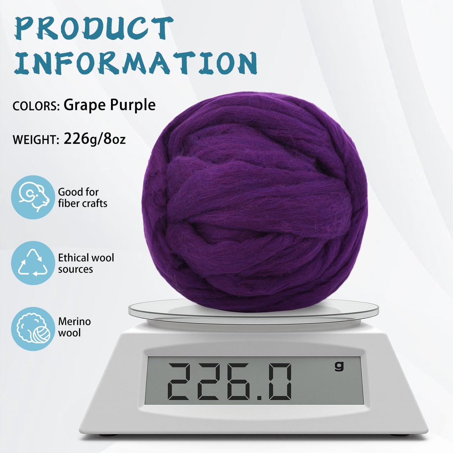 Core Wool for Needle Felting, 8 OZ Merino Wool Roving, Soft Felting Wool for Spinning, Needle Felting Supplies, Chunky Yarn, and Wet Felting, Purple