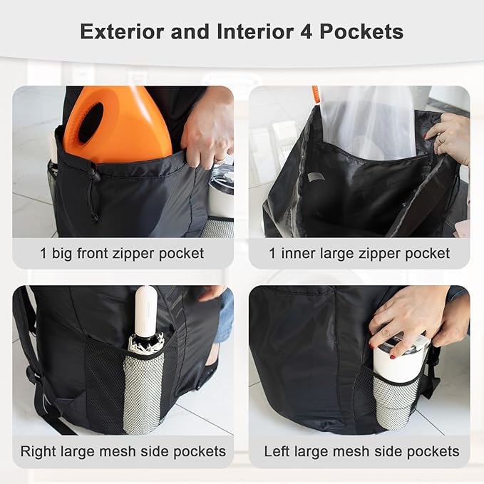 Polecasa Extra Heavy Duty Large Backpack Laundry Bag with Comfortable Padded Shoulder Straps & 4 Pockets, Durable Storage Bags, Drawstring bag for Dorm, College, Travel, Black