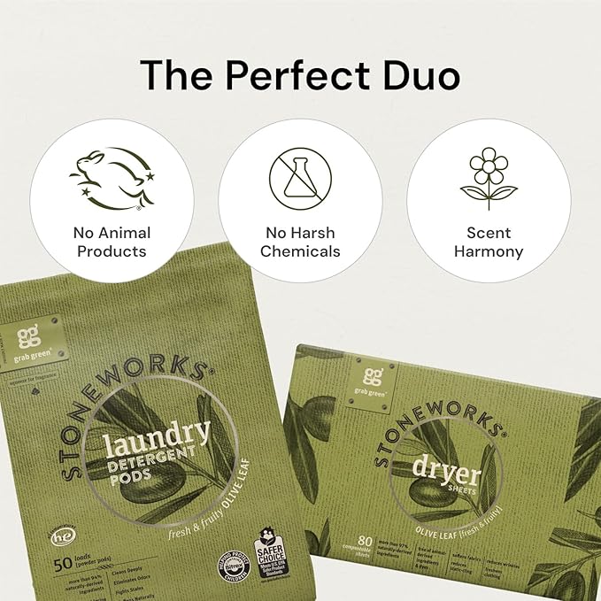 Grab Green Stoneworks Laundry Detergent Pods and Dryer Sheet Bundle, 50 Count Pods and 80 Dryer Sheets, Oak Tree Scent, Plant and Mineral Based Laundry Care Set