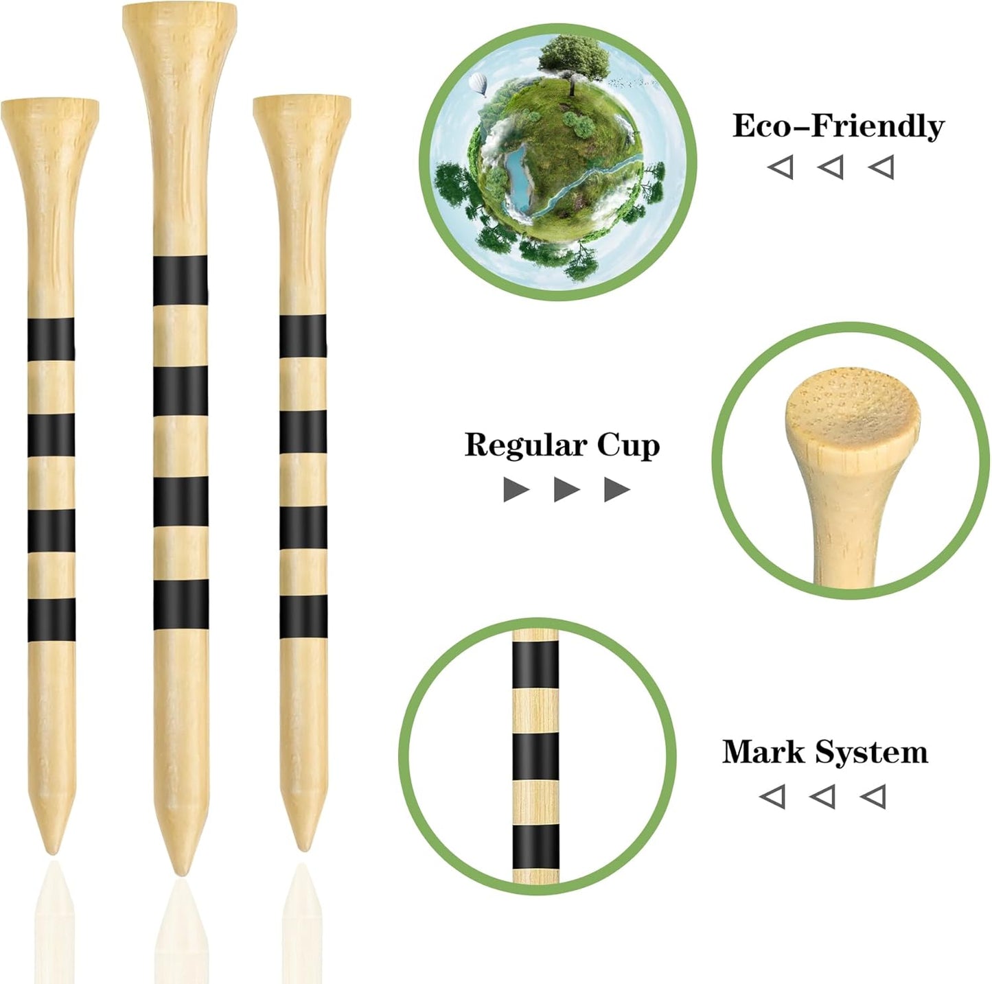 Natrual Wooden Golf Tees 100 Pack (2-3/4" & 3-1/4" Available) Biodegradable Bamboo Golf Tees,More Sturdy and Stable,Natural/White Color