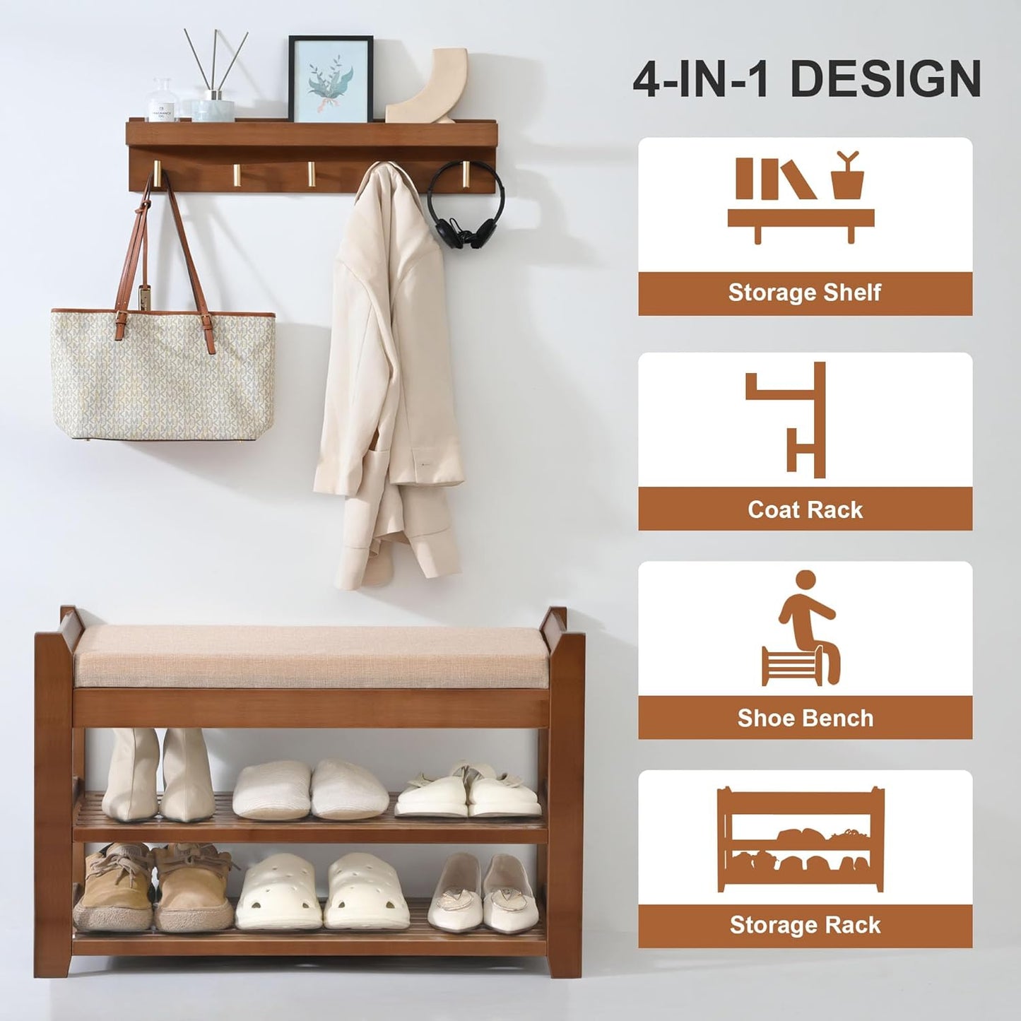 Shoe Rack for Front Door Entrance, 28” Entryway Bench with Coat Rack, Hall Tree Shoe Bench with Storage for Entry, Hallway, Bedroom, Living Room