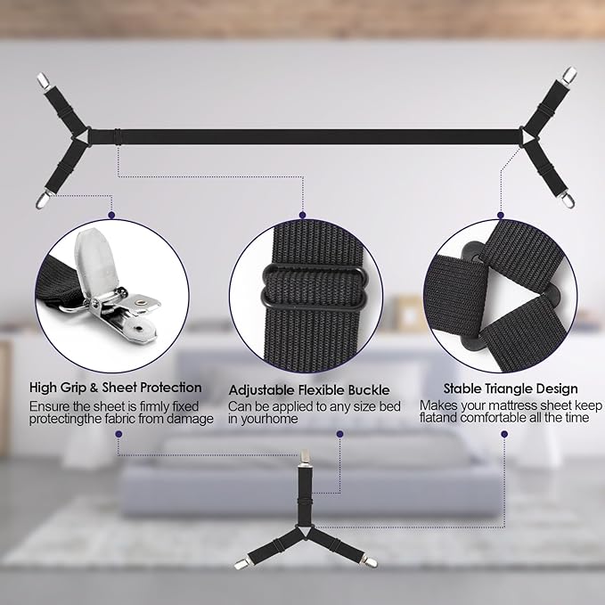 Bed Sheet Straps,6 PCS Secure and Fitted Sheet Straps for Full Size Bed,Adjustable Sheet Clips Elastic Fasteners Holders for Corners,Enhance Your Sleeping Experience(Black)