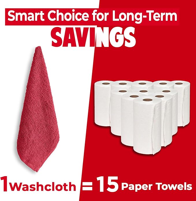 DAN RIVER 12 Pack Wash Cloths for Showering [12x12] - 100% Cotton Washcloths Premium Quality Flannel Face Cloths for Bathroom, Highly Absorbent and Soft Feel Wash Clothes, Red