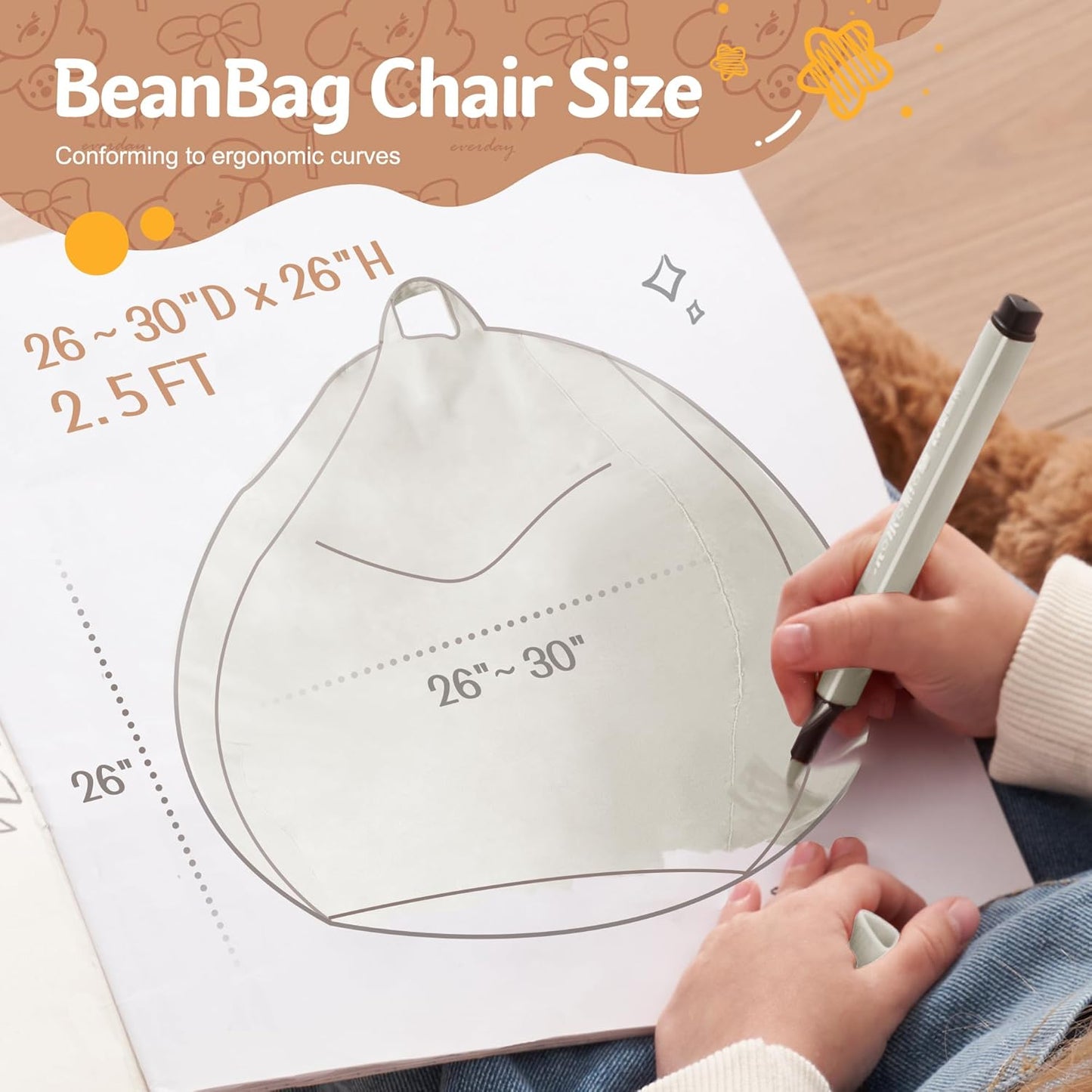 Homguava 2FT Bean Bag Chair: 2' Bean Bags with Memory Foam Filled,Comfy Beanbag Chairs Round Bean Bag Sofa with Dutch Velvet Cover-Beige