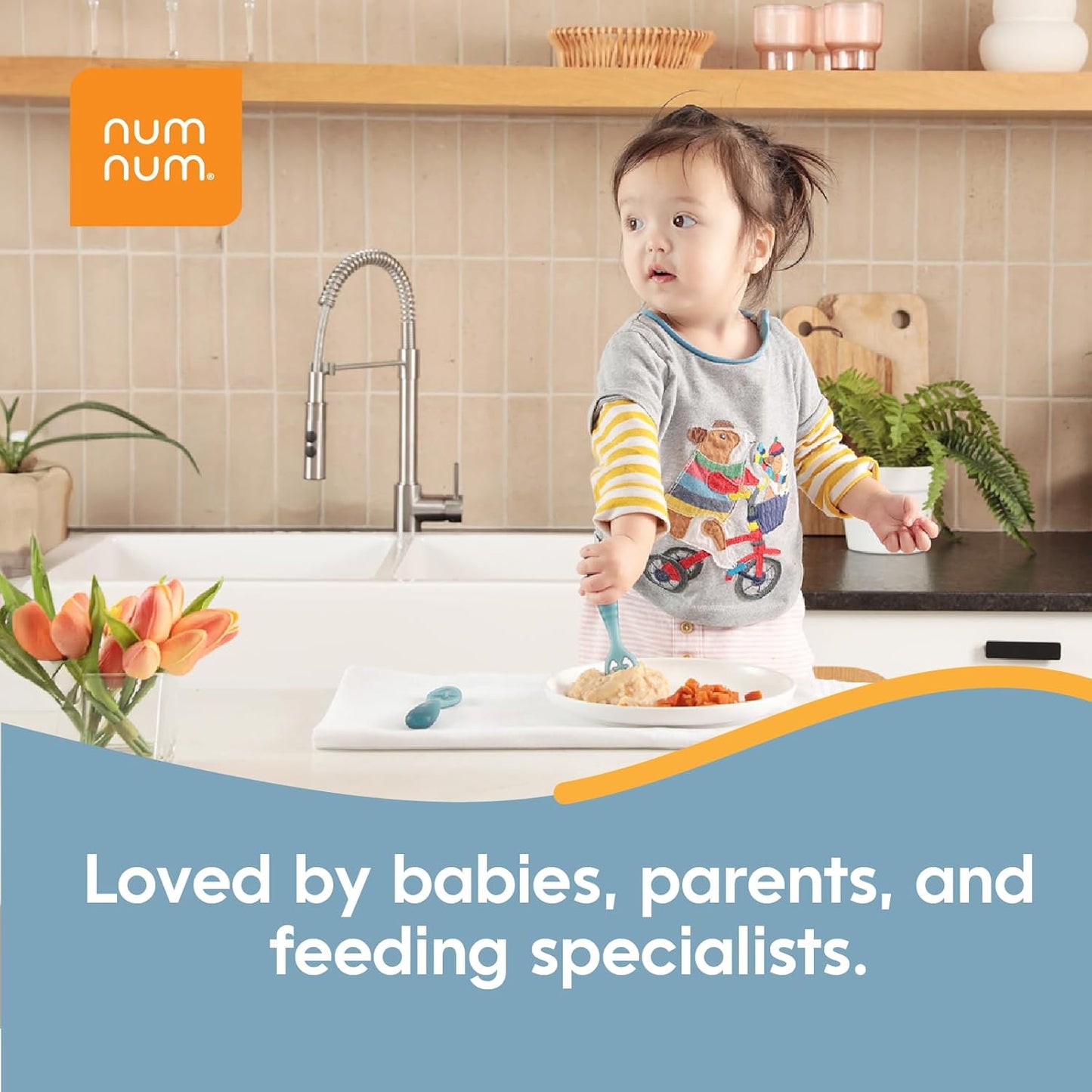 NumNum Baby Spoons Set, Baby Essentials Pre-Spoon GOOtensils for 6+ Months, First Stage Self-Feeding Spoons for Baby Led Weaning (BLW), Silicone Toddler Utensils, BPA-Free, 4 Pack Blue