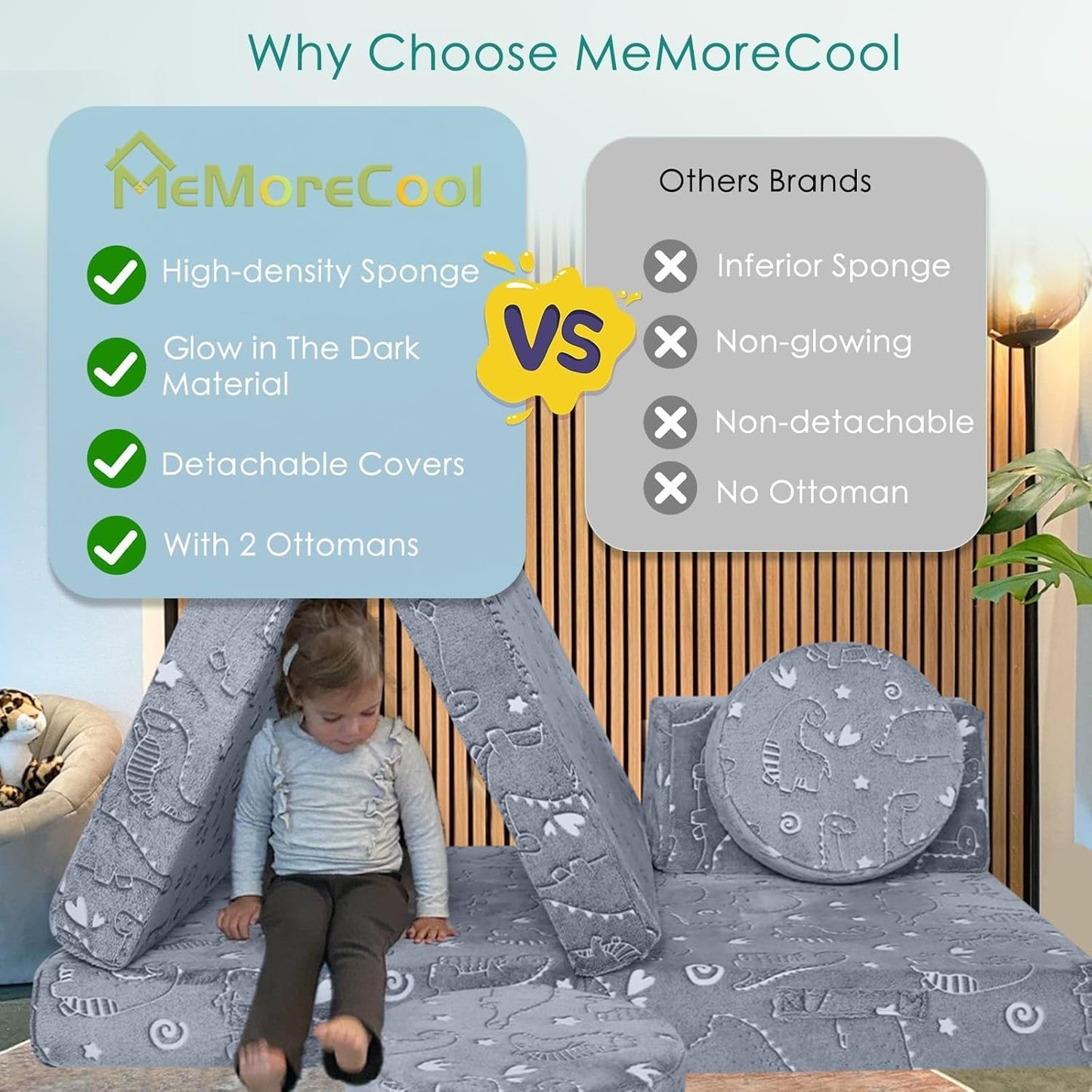 MeMoreCool 8-Piece Kids Modular Play Couch — Glow-in-The-Dark Dinosaur Foam Sofa Set for Toddlers, Convertible Fort Building Furniture with Washable Covers, Playroom Climbing & Creative Play Sofa